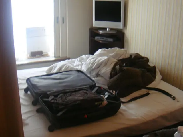 This picture shows bed on which some luggage bags and clothes were placed. In the background there...
