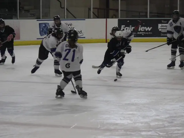 In this image there are a group of people who are holding some sticks and playing hockey, at the...