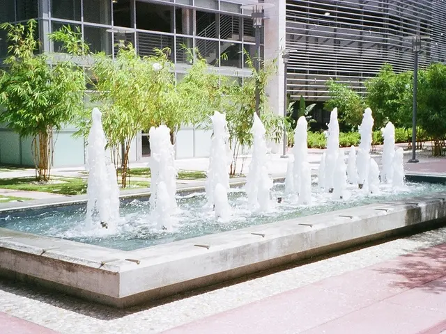 In this image there is a water fountain. Behind the fountain there are plants, streetlights and...