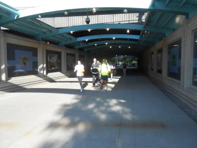 In this image we can see a group of people standing under a shed with group of lights. In the...