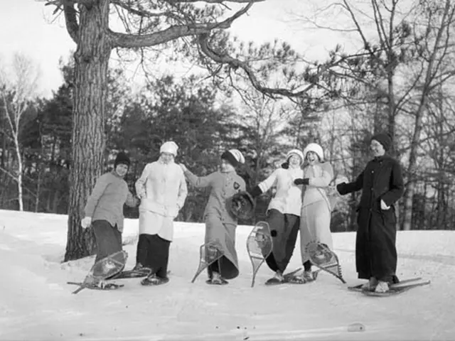 In this image I see 6 women who are on the ski board and they are on the snow. In the background I...