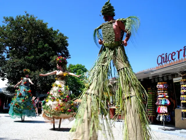 In this image in the center there are three persons who are wearing some costumes, and it seems...