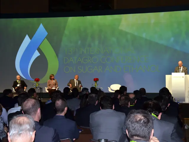 In this picture we can observe some people sitting in the chairs in front of a stage. We can...