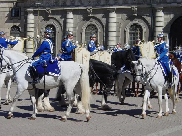 In this image we can see men are sitting on the back of the horses and playing some musical...