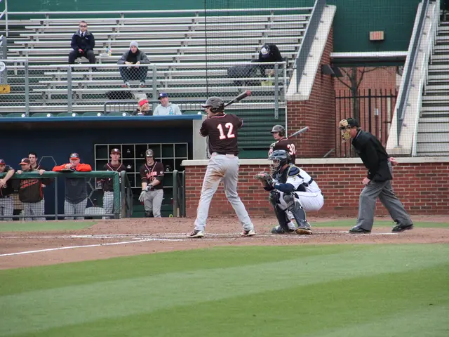 In this image we can see people playing baseball. In the background of the image there are stands,...
