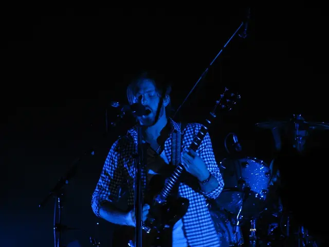 This picture is clicked in musical concert. Man in middle of the picture is holding guitar in his...