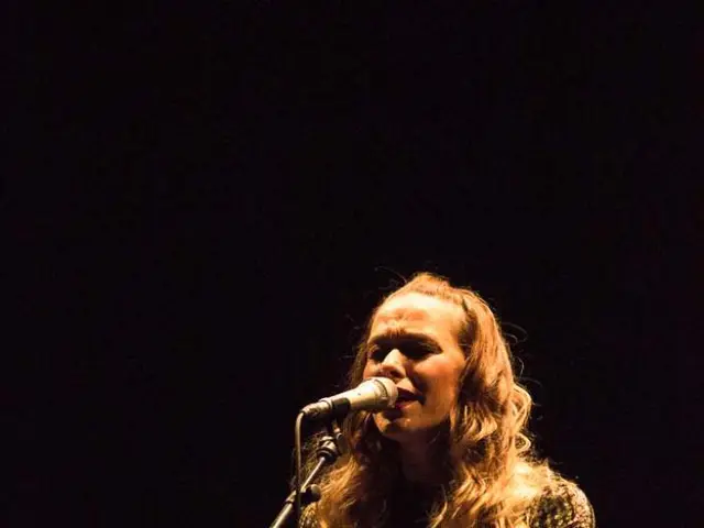 In the center of the picture there is a woman sitting on a stool and singing into a microphone. The...