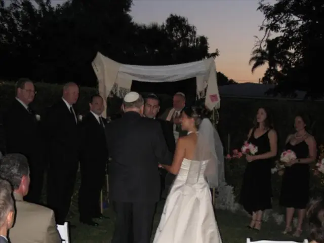 Here we can see a group of people standing, attending a wedding and the women on the right side are...
