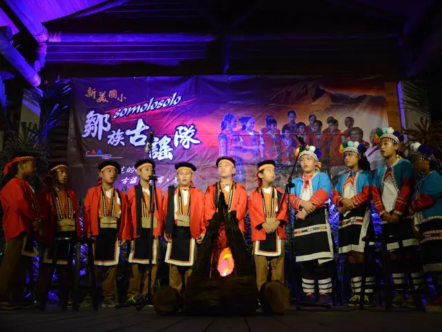 In the picture I can see group of people are standing. These people are wearing costumes. I can...