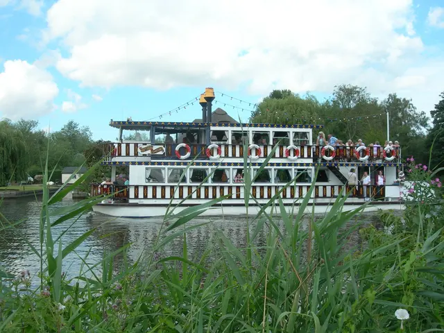 In the image there is a boat in the pond with few people standing inside it, there is grass in the...
