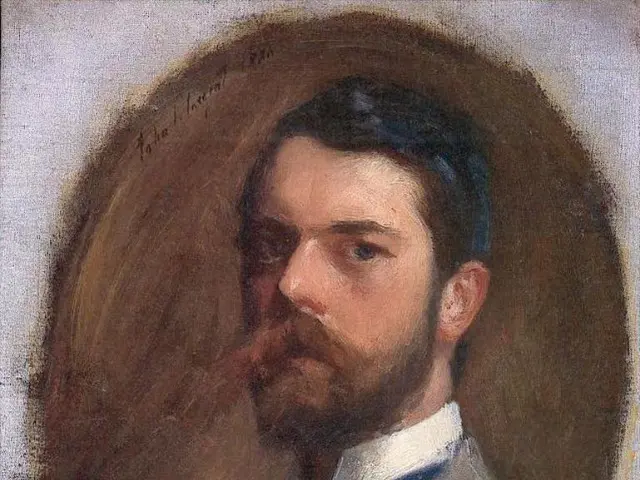 In this image, we can see an art contains a person.