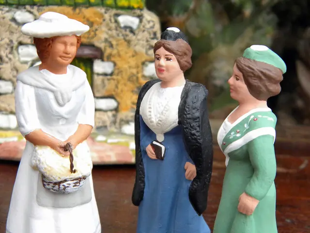 In the picture we can see three women sculpture dolls are placed on the wooden plank and in the...