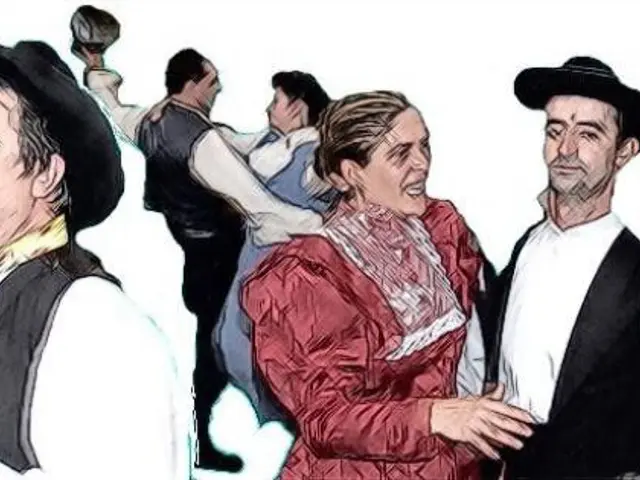 In this image I can see it´s a painting, in this a group of couples are dancing together.