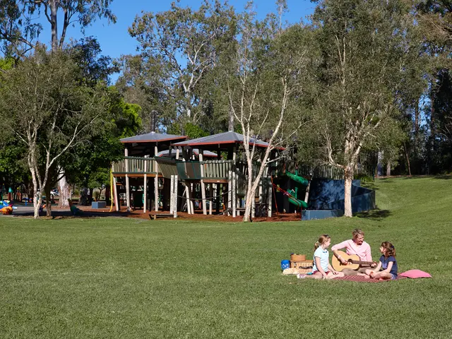 The picture is taken in a park. In the foreground of the picture there are three people, baskets,...