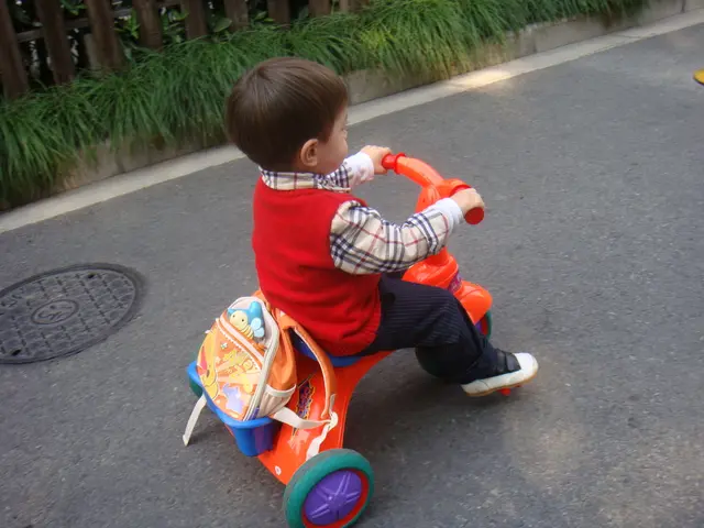 In this image we can see a boy on a toy vehicle. We can also see the lid of a manhole on the road,...