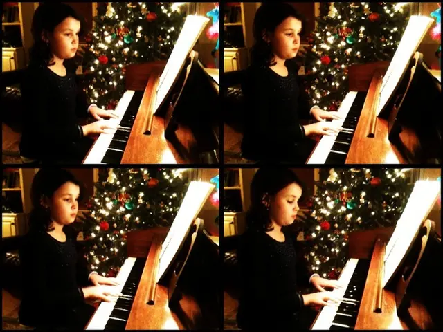 This is a collage of same image. In this image a girl is playing a keyboard. On the background...