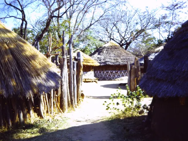 This is the picture of a village. In this image there are huts and there are trees. At the top...