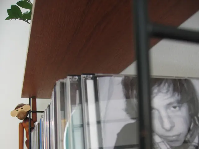 In this picture we can see many DVD cases arranged on a Wooden shelf.