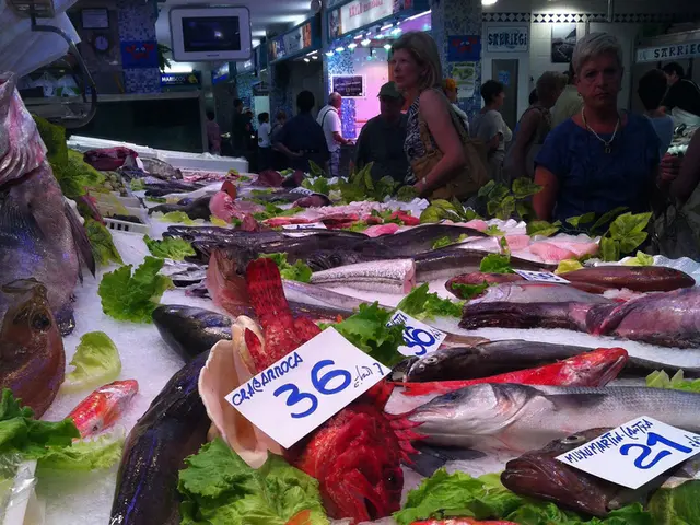 In this image we can see that there are so many fishes of different varieties are kept on the ice....