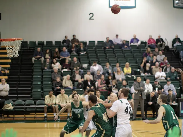 In this image we can see a basketball court were the players are playing basketball and behind...