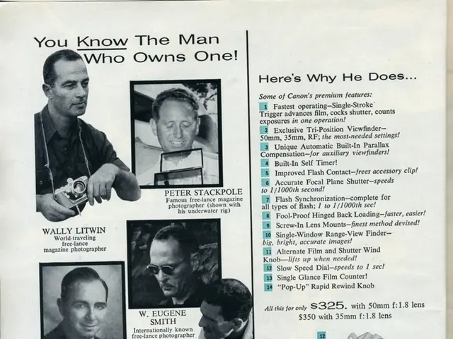 In the image there is a paper with print of few humans and a camera along with some text on it.