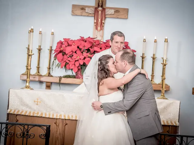 In this image we can see a man and a woman are hugging and kissing and behind them there is a man...