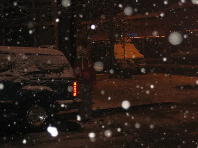 This is an image clicked in the dark. Here I can see the snowfall and there are two vehicles on the...
