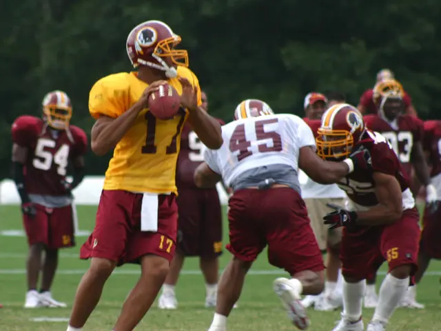 This image consists of many persons wearing jerseys and helmets along with white shoes are playing...