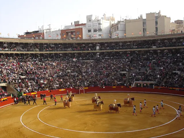 In the picture I can see people are walking on the ground and I can see a few people are sitting on...
