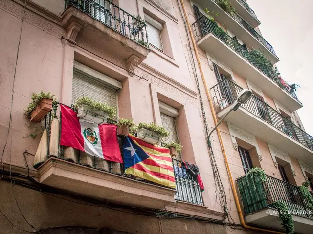 In this image there are buildings and in front of the building there are flags on the balcony and...