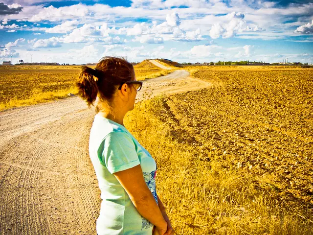 In this image we can see a lady is standing. There is farming land on the either sides of the...