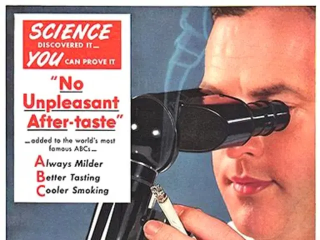 In this image there is a poster, in that poster there is a man holding a cigarette and a microscope...