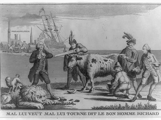 This is a black and white image. This image consists of a painting of some people and animals on...