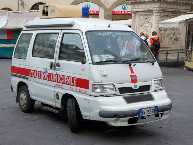 This picture is clicked outside. In the center there is a white color van seems to be running on...