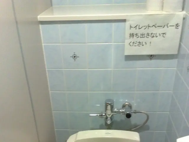 In this image there is a toilet seat ,a paper, there are paper rolls, tiles and an object.