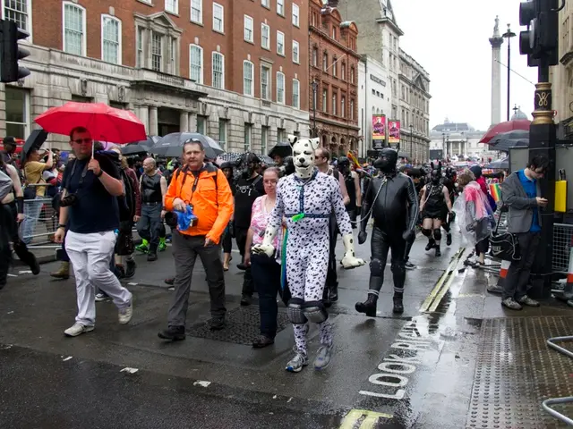 The picture is taken on the streets of a city. In the center of the picture there are people...