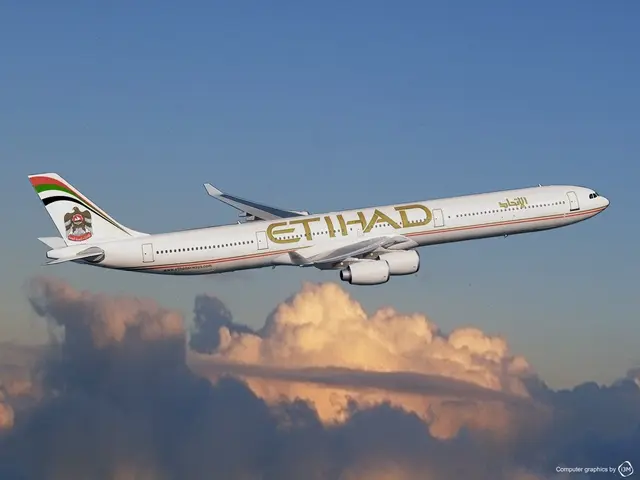 In this image there is an airplane flying, there is the sky, there are clouds, there is a text...