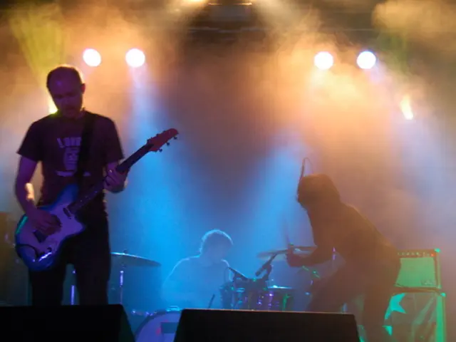 This images clicked in a musical concert. There are lights on the top. There are people in the...