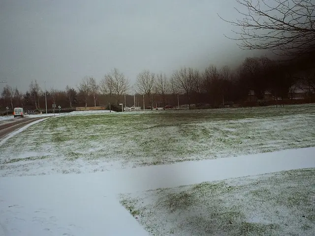 In this picture we can see a place covered with snow and fog. There are vehicles on the road and...
