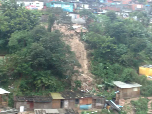 In this picture there are some trees, a mountain and a building.