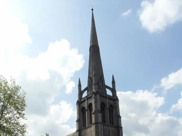 In the image there is a church in the back with a road in front of it followed by buildings beside...