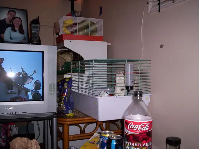 In this picture we can see television and on television we have photo frames, phone and aside to...