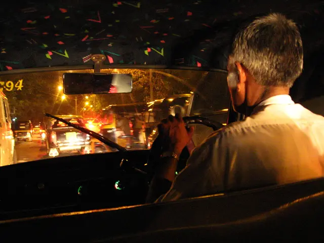 this picture shows the internal view of the car and a person driving the car.