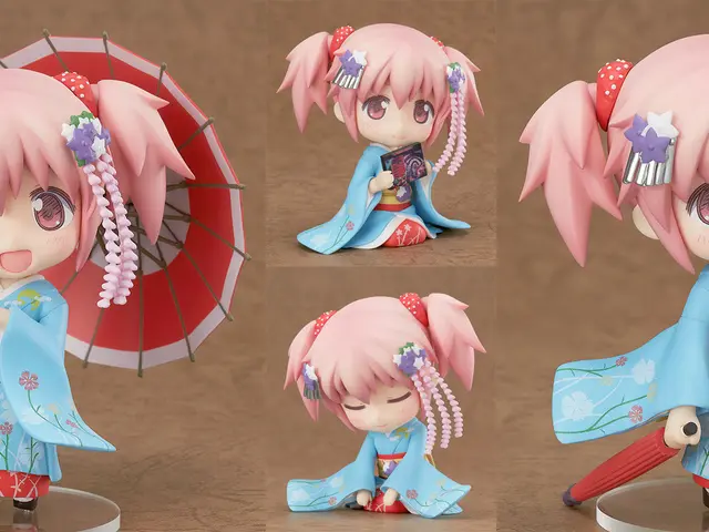 In this image, we can see there are four images of a doll, which is having a blue color dress with...