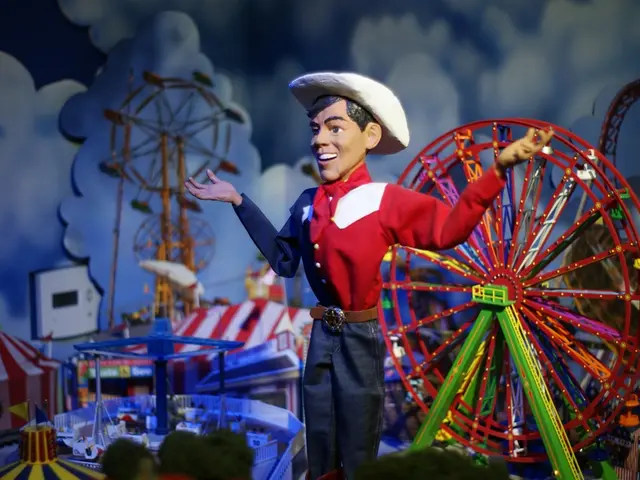 This is a cartoon picture. We see a man and few recreation games and clouds.