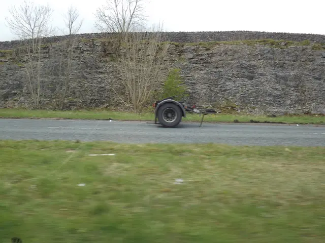 In this image there is the wheel of a truck on the road surface, on the either side of the road...