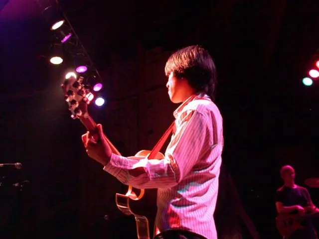 This picture shows a man playing a guitar on the stage