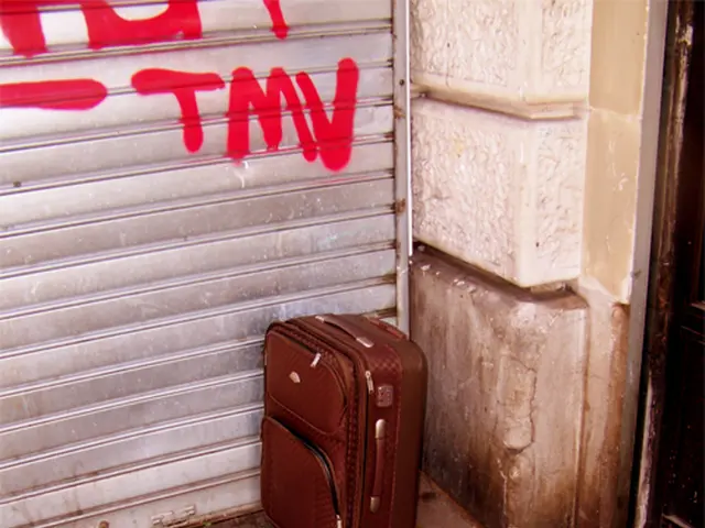 A luggage bag is placed at a corner. The color is brown. It is placed beside a shutter door. The...