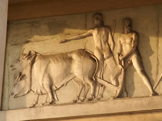 In this image we can see carvings on a stone on the wall where as we can see two persons are...