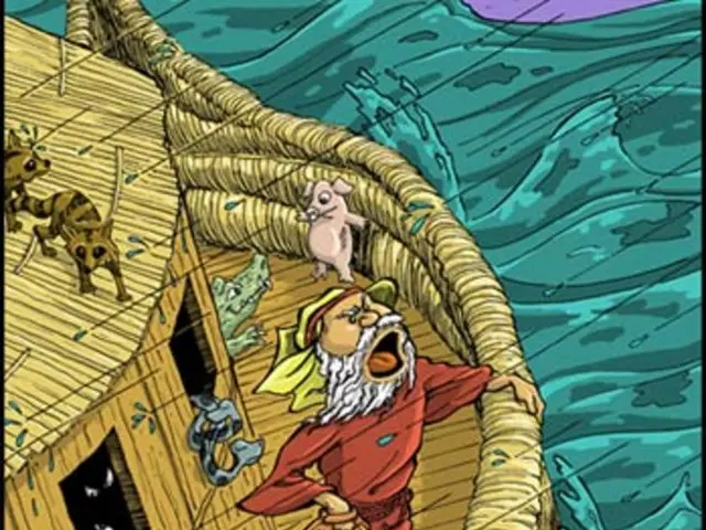 In this picture I can observe a cartoon image of a person standing in the boat. This person is...